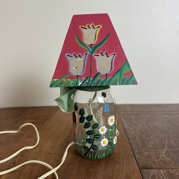 Hand Crafted mason jar lamp floral WELCOME Tulip cutout on shade WORKS - Picture 4 of 9